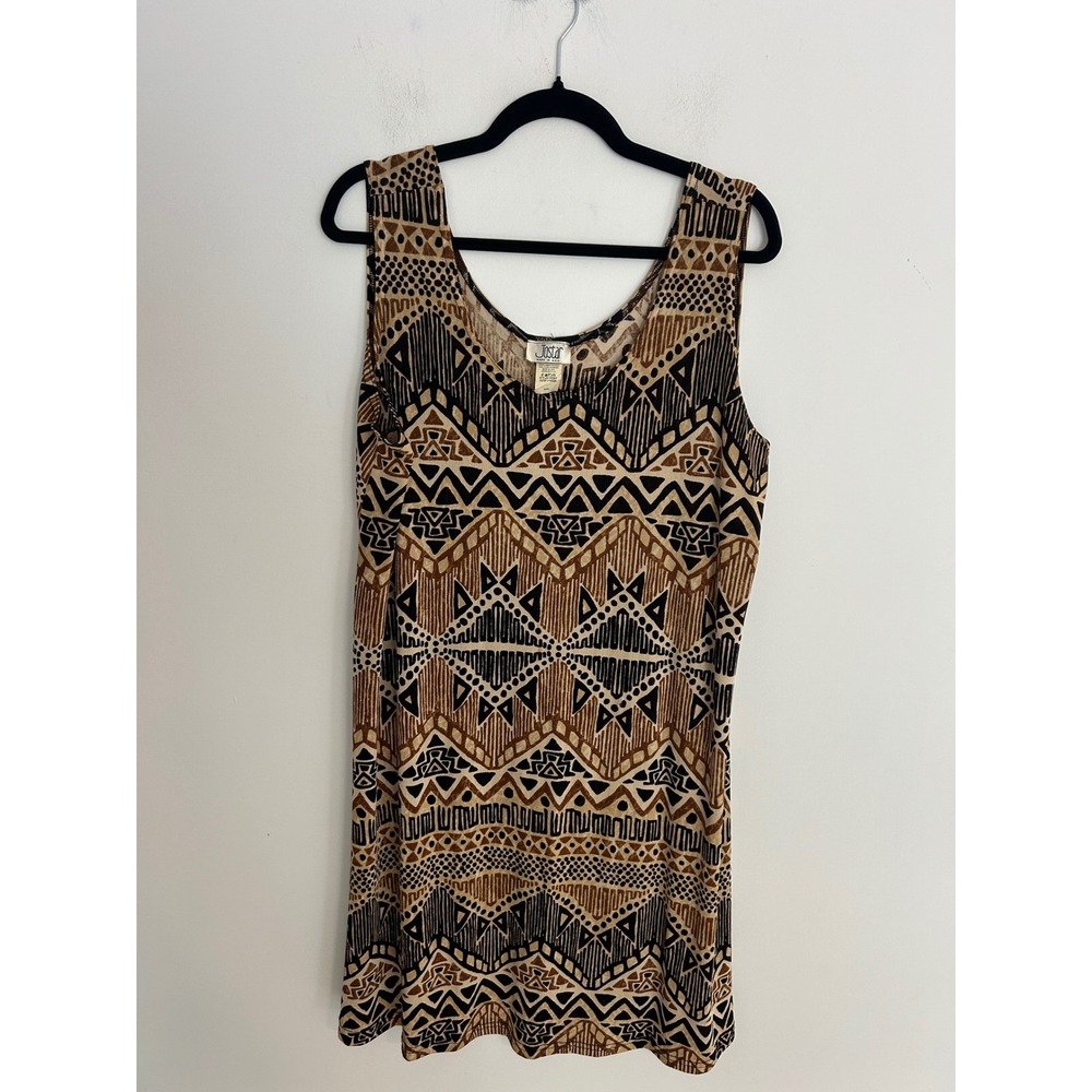 VTG Jostar Women XXL Tribal Geometric Tank Dress Brown Black Stretch Sleeveless